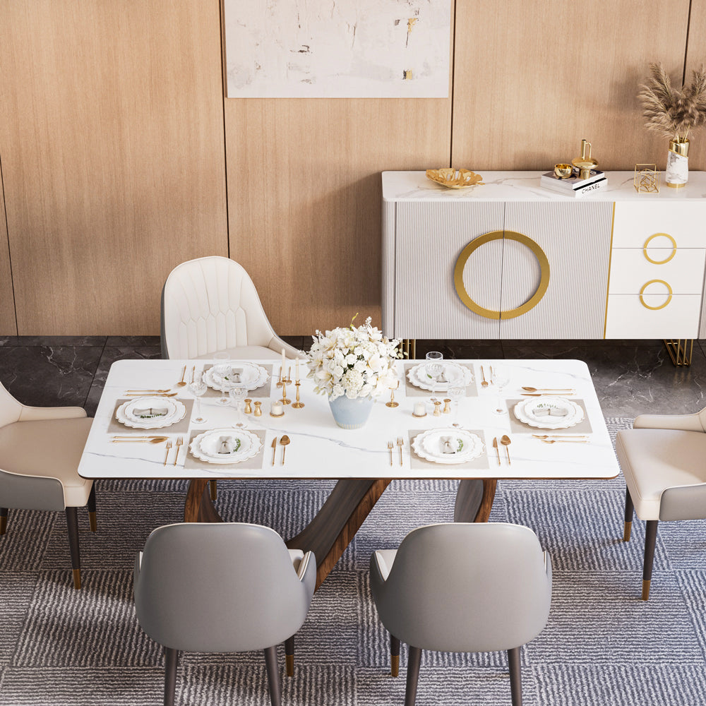 Walnut S-Base Marble-Effect Round Dining Table + White & Gold Circular-Accent Buffet Cabinet Set
