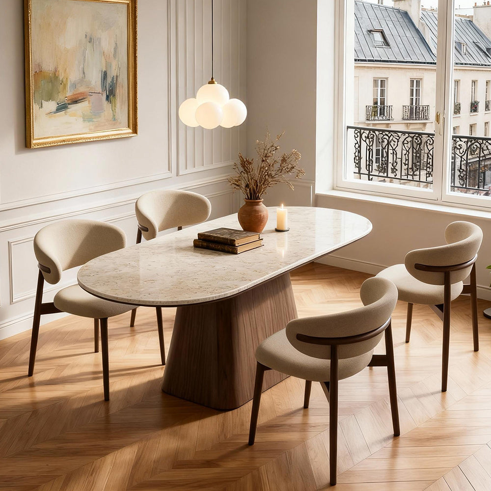 Oval Dining Table Solid Wood Walnut Veneer Base Scratch Resistant Sintered Stone Top Modern Stylish Design