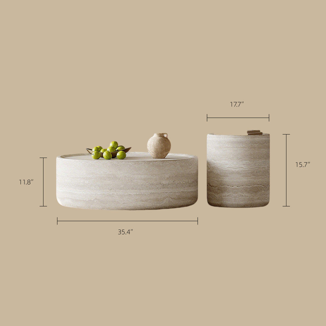 Modern Faux Travertine Round Coffee Table Set Minimalist Stone Texture Nesting Accent Tables