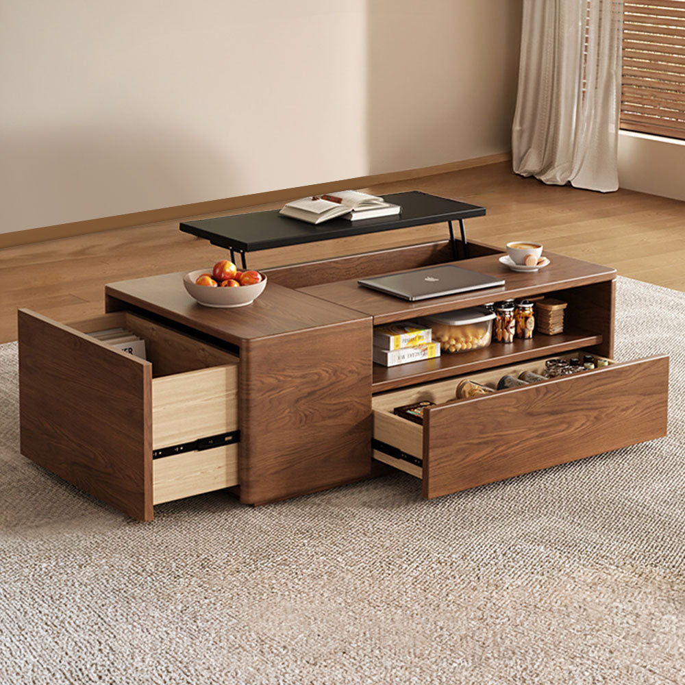 51'' Walnut Lift-Top Coffee Table with Hidden Storage Drawers and Open Shelves