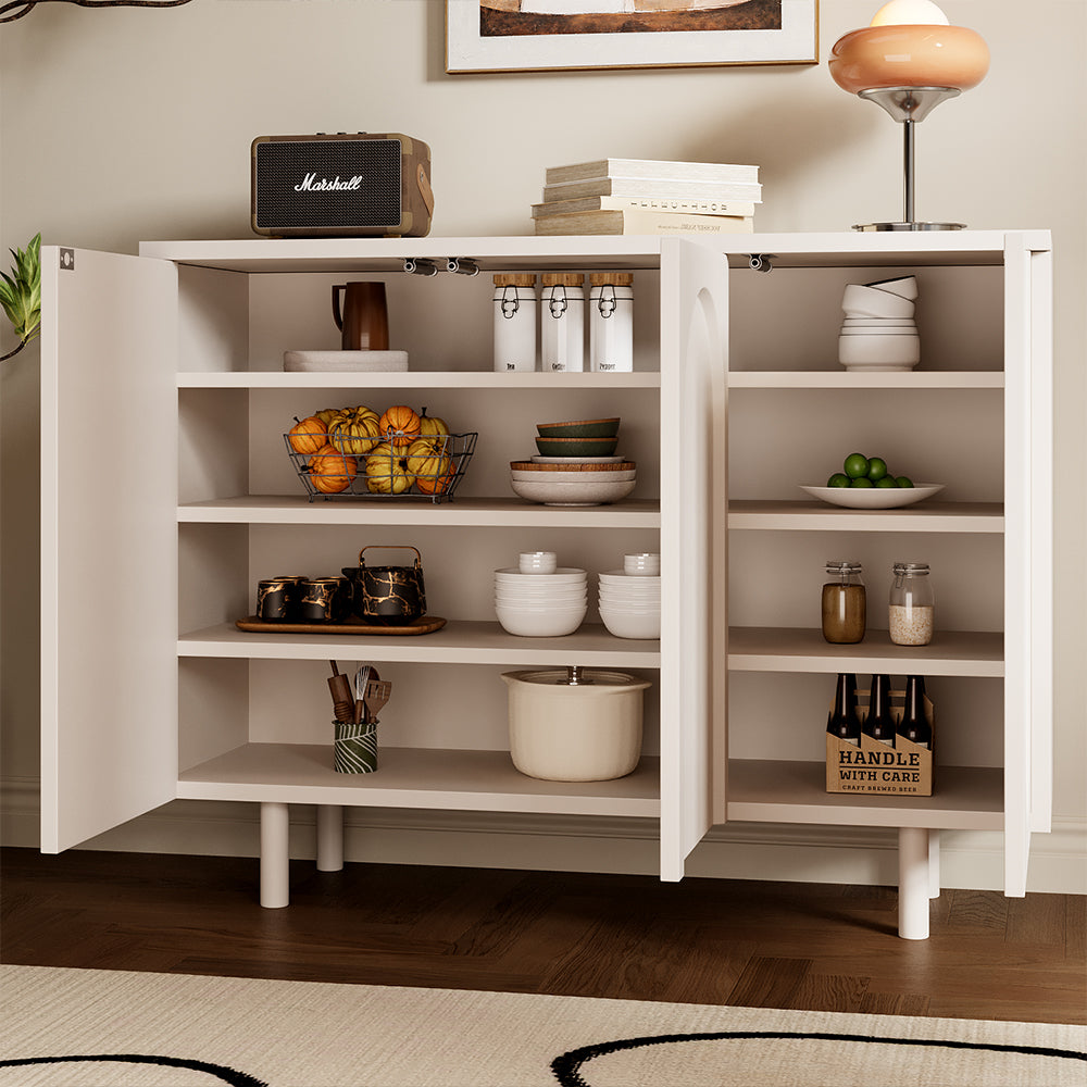 3 Door Sideboard Modern Cabinet Matte White Finish Adjustable Shelves Irregular Veneer Solid Wood Legs