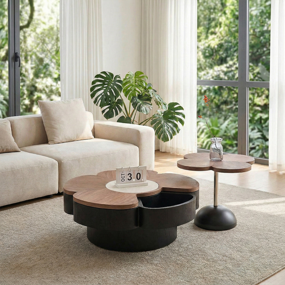 Modern Flower Shape Coffee Table Set with Storage Wooden Center Table and Matching Side Table