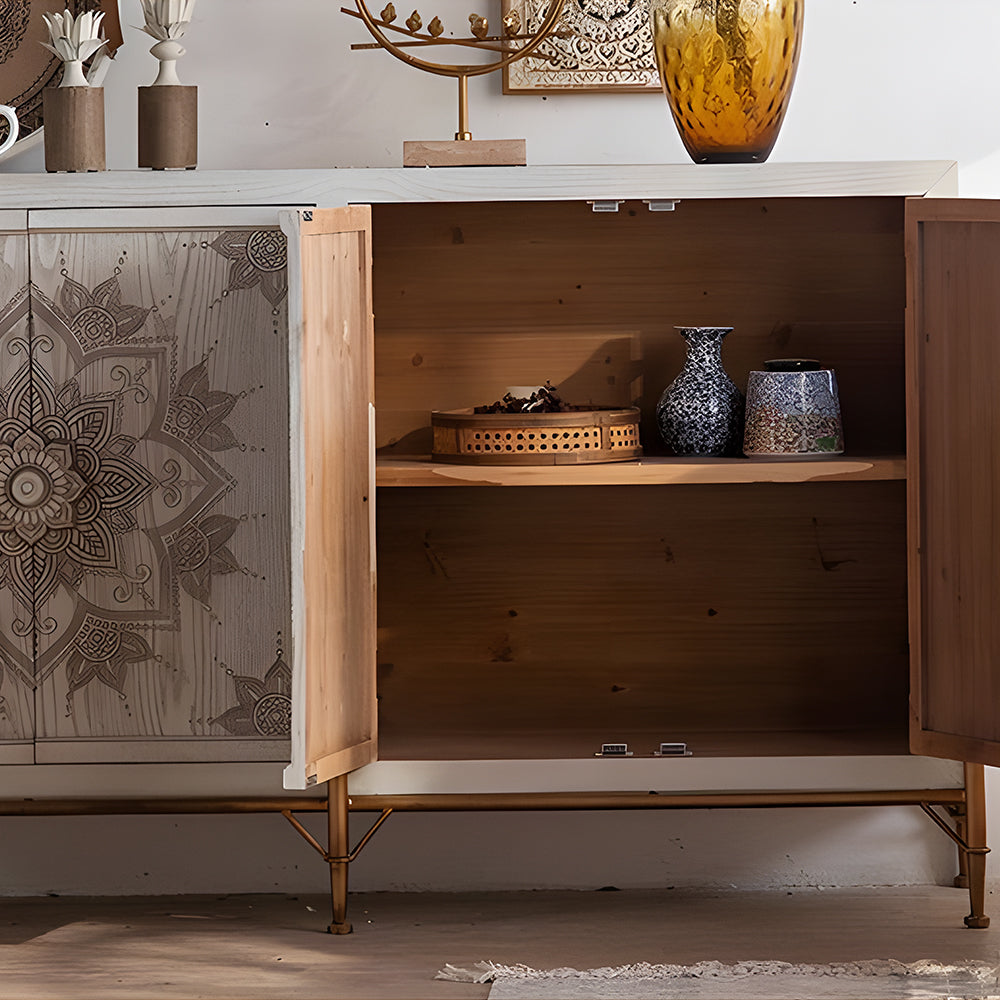 61'' Boho Mandala Carved Sideboard Cabinet White Washed Wooden Buffet Storage with Metal Base Decorative Accent Console