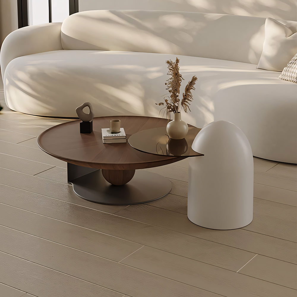Modern Round Coffee Table with Glass Side Table Walnut Finish Center Table with Sculptural Base