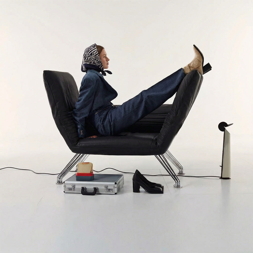 Modern Sculptural Leather Lounge Chair Adjustable Armrest Accent Chair with Metal Legs Contemporary Artistic Seating