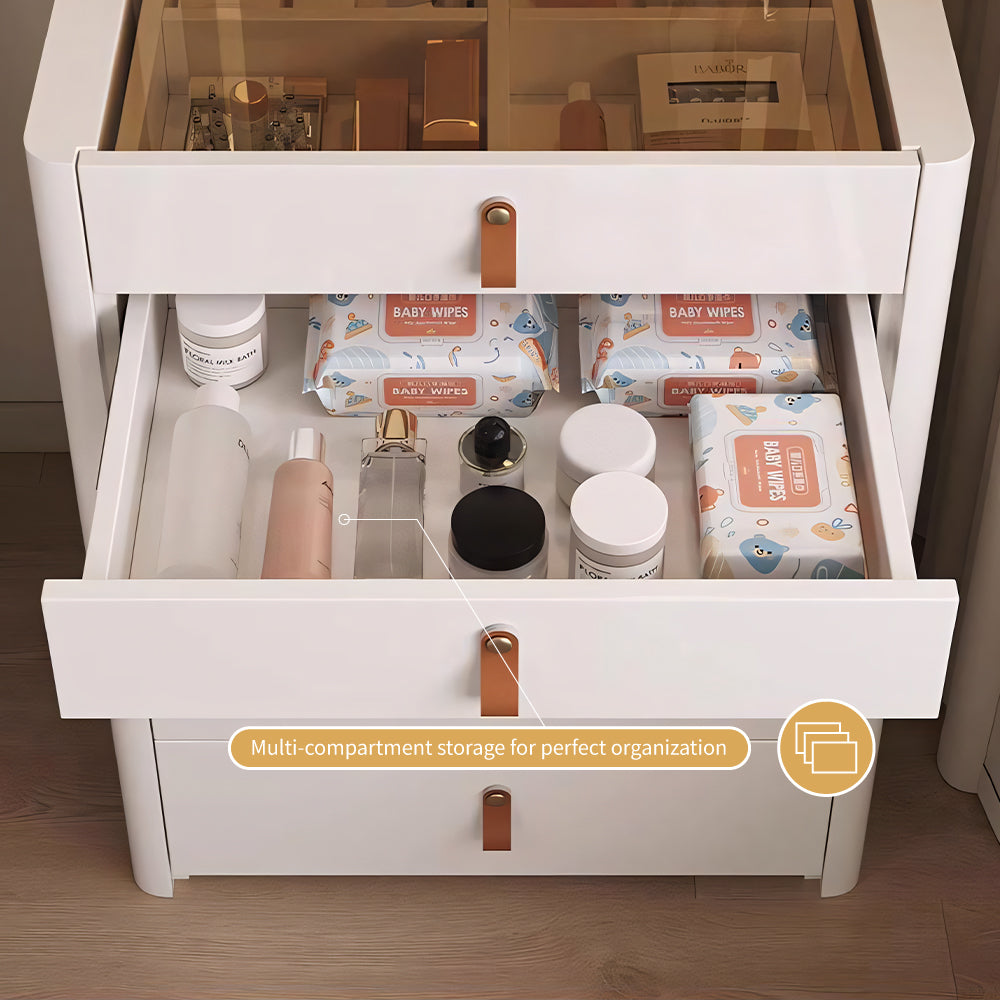 Functional Makeup Vanity Built-in Mirror Organized Storage Drawers Rolling Stool
