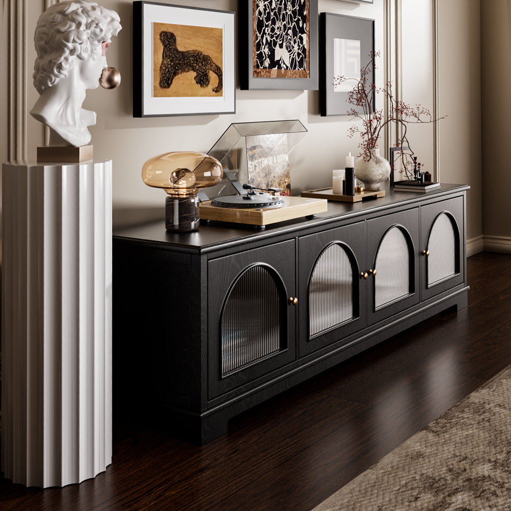 Modern Low-Profile TV Cabinet with Arched Glass Doors Freestanding Storage Console