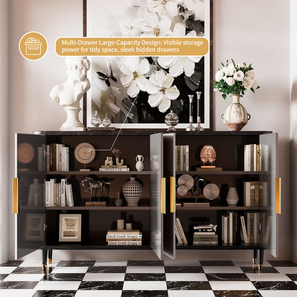 62.4'' Modern Luxury Elegant Gray and Gold Sideboard with Shelves