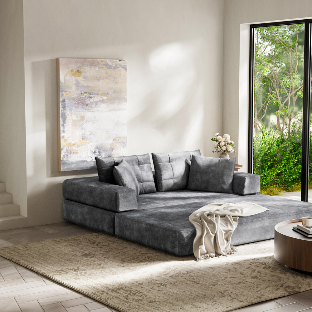 70''-78''Convertible Sofa Bed Tufted Cushion Armrest Foldable Design in Grey Fabric Upholstery