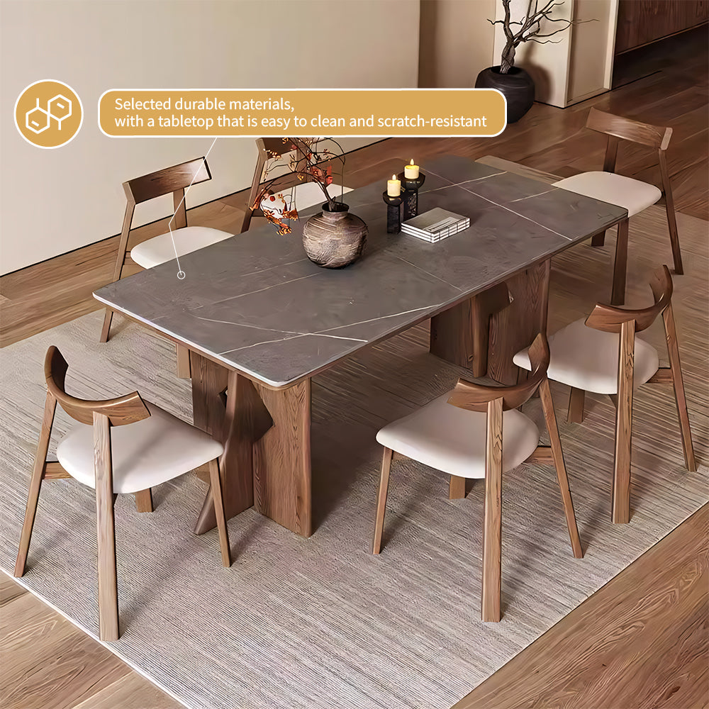 Dining Table Stone-Look Ceramic Top Solid Wood Base Modern Minimalist Design