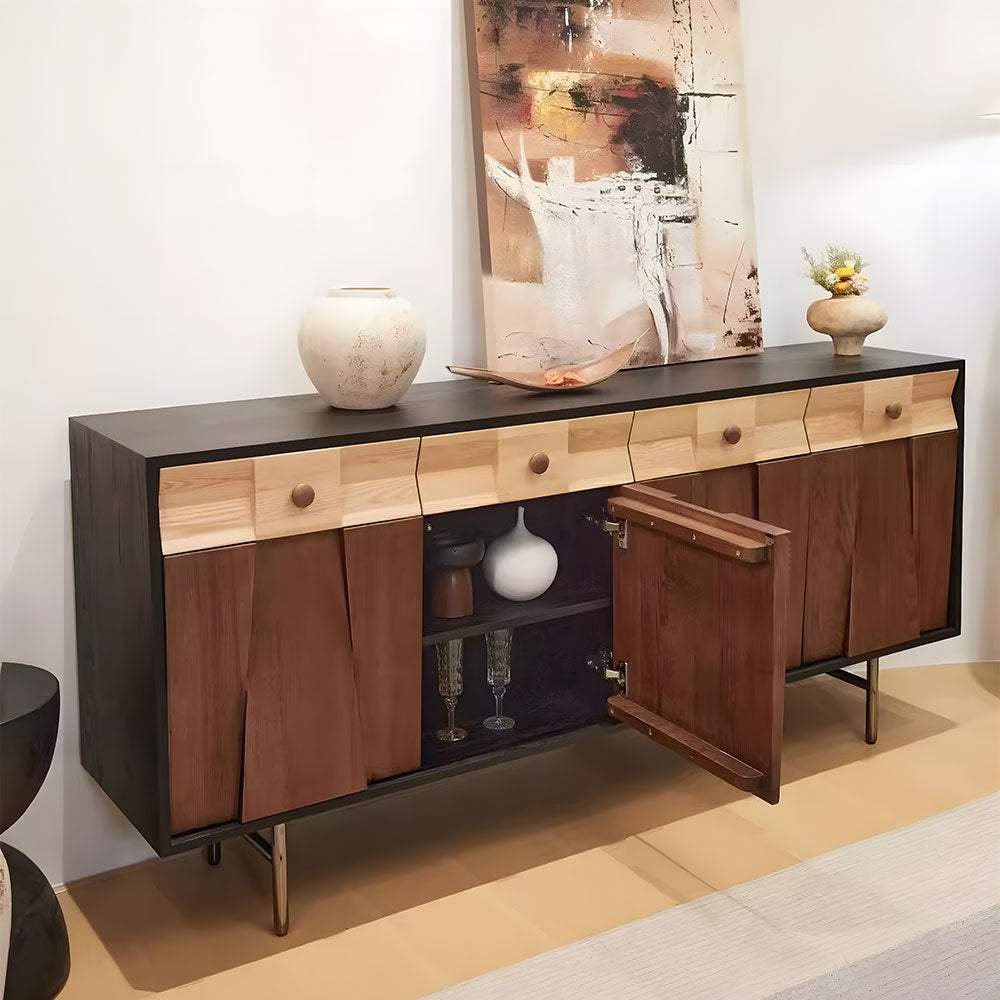 Modern Wooden Sideboard Unique Geometric Design Natural Wood Drawers Stylish Storage Cabinet