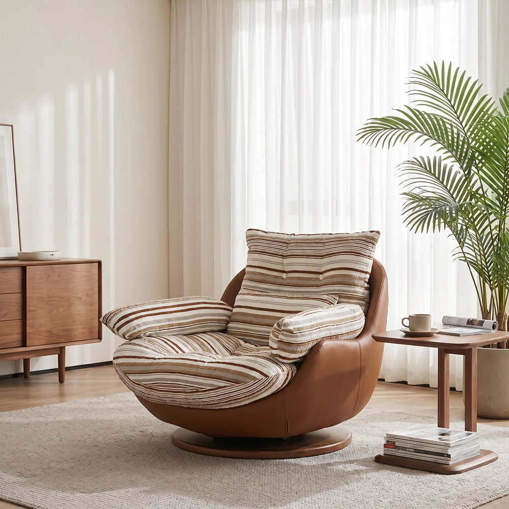 Striped Swivel Lounge Chair with Tan Faux Leather Shell