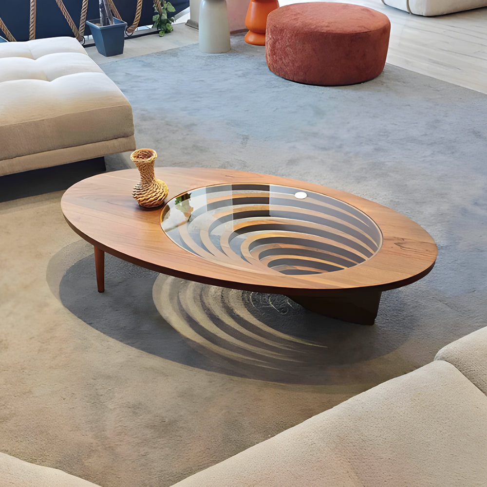 Modern Artistic Coffee Table with 3D Vortex Design and Tempered Glass Top