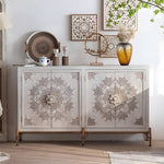 Load image into Gallery viewer, 61'' Boho Mandala Carved Sideboard Cabinet White Washed Wooden Buffet Storage with Metal Base Decorative Accent Console
