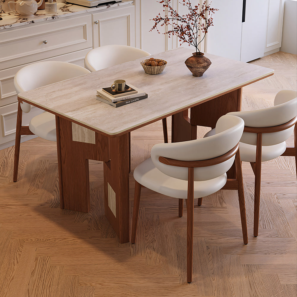 Mid Century Sintered Stone Top Dining Table With Geometric Wooden Legs