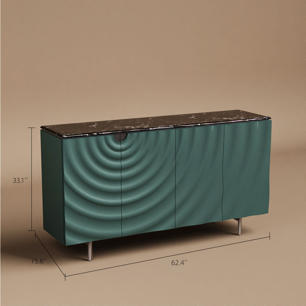 62.4" Modern Ripple Design Green Sideboard with Black Stone Top