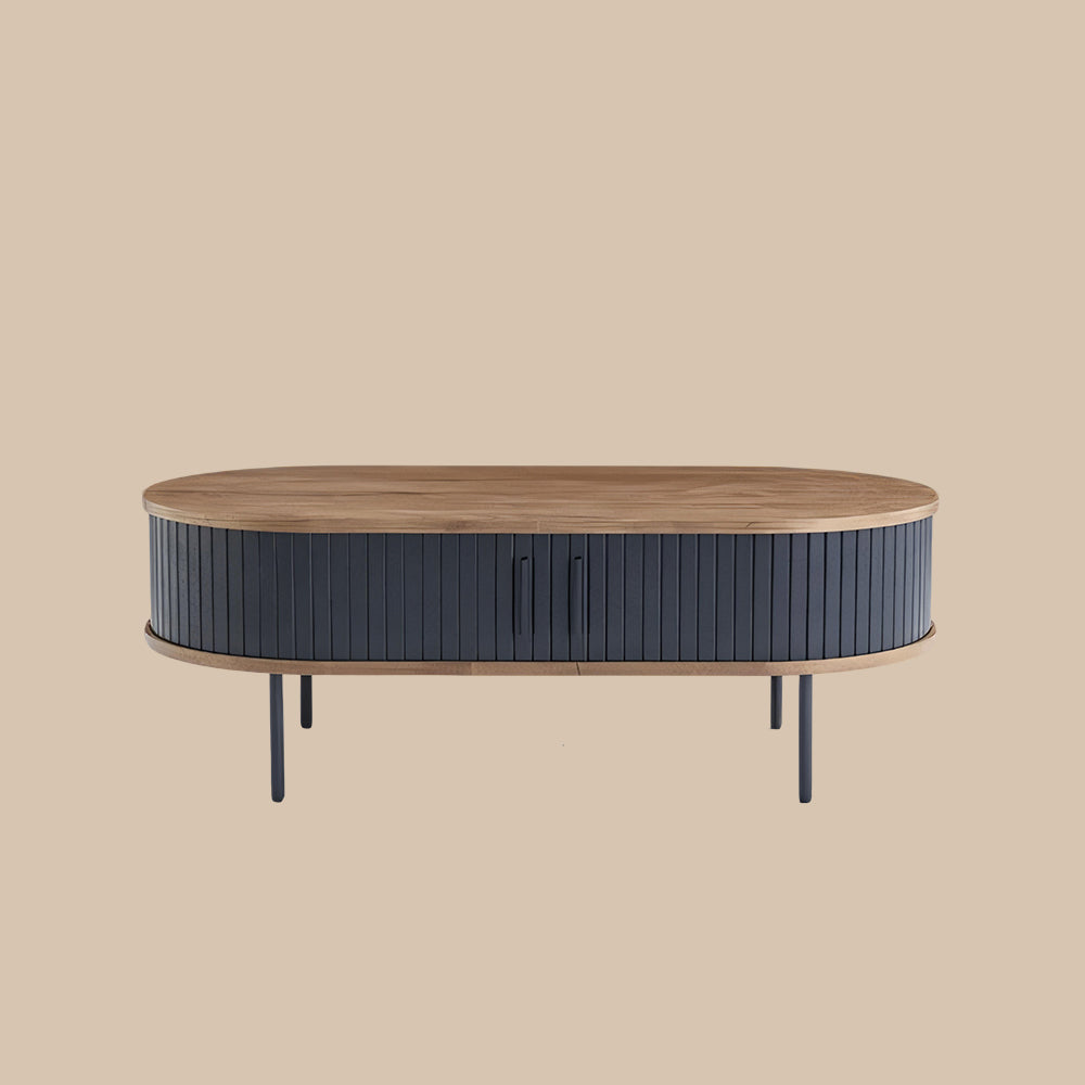 46.8'' Coffee Table Oval Shape Modern Design Walnut Black Accent Storage Compartment