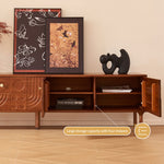Load image into Gallery viewer, 78&quot; Retro TV Stand Carved Geometric Pattern Solid Wood Cabinet Brass-Tipped Legs
