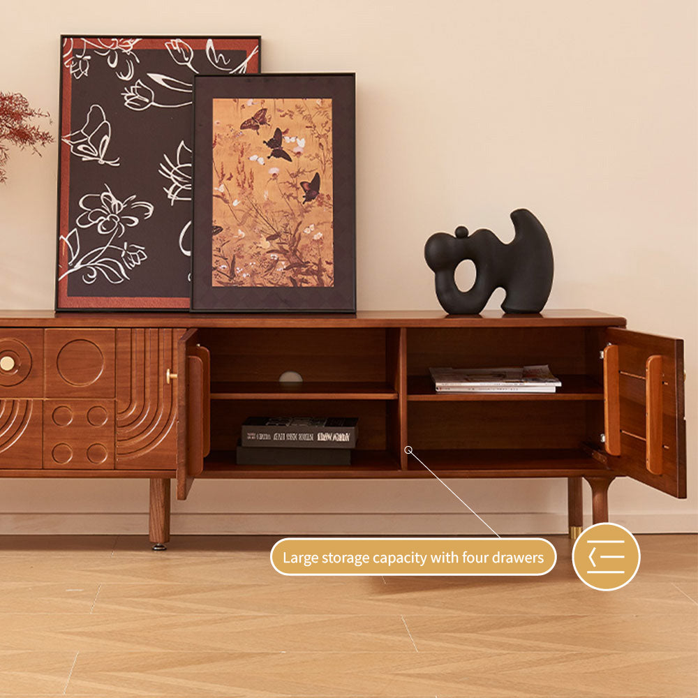 78" Retro TV Stand Carved Geometric Pattern Solid Wood Cabinet Brass-Tipped Legs