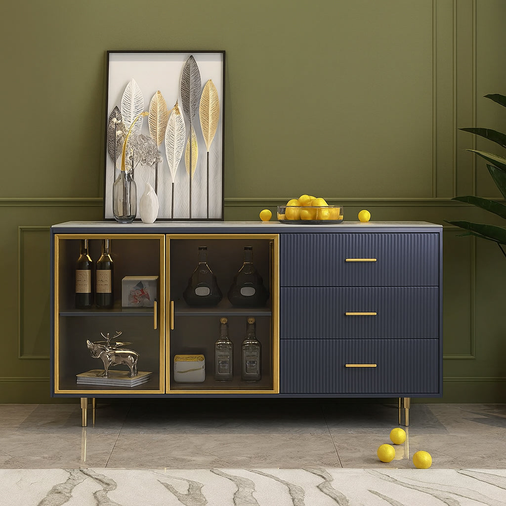 Modern Sideboard Cabinet Marble Top Glass Doors Gold Frame Storage with Drawers