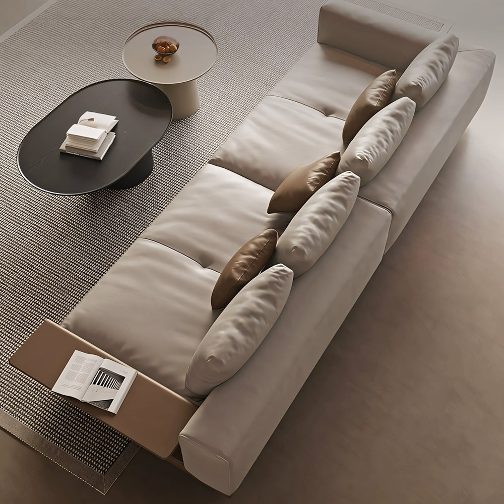 Modern Low-Profile Leather Sofa with Integrated Side Shelf
