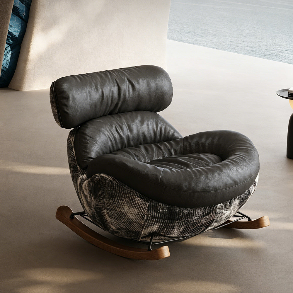 Modern Rocking Lounge Chair with Leather Cushion and Walnut Rocker Base