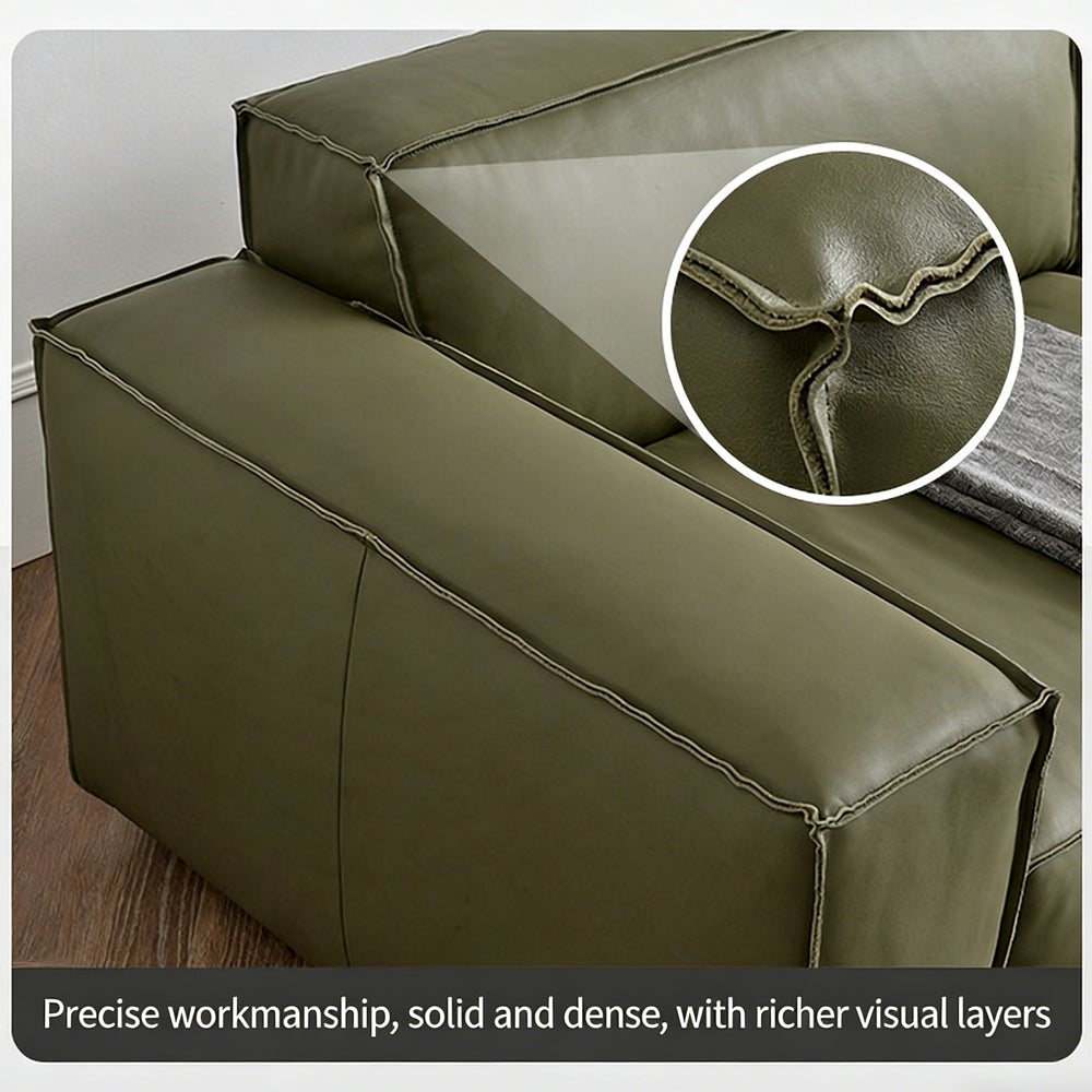 Modern Leather Sofa Boxy Low-Profile Design with Wide Arms