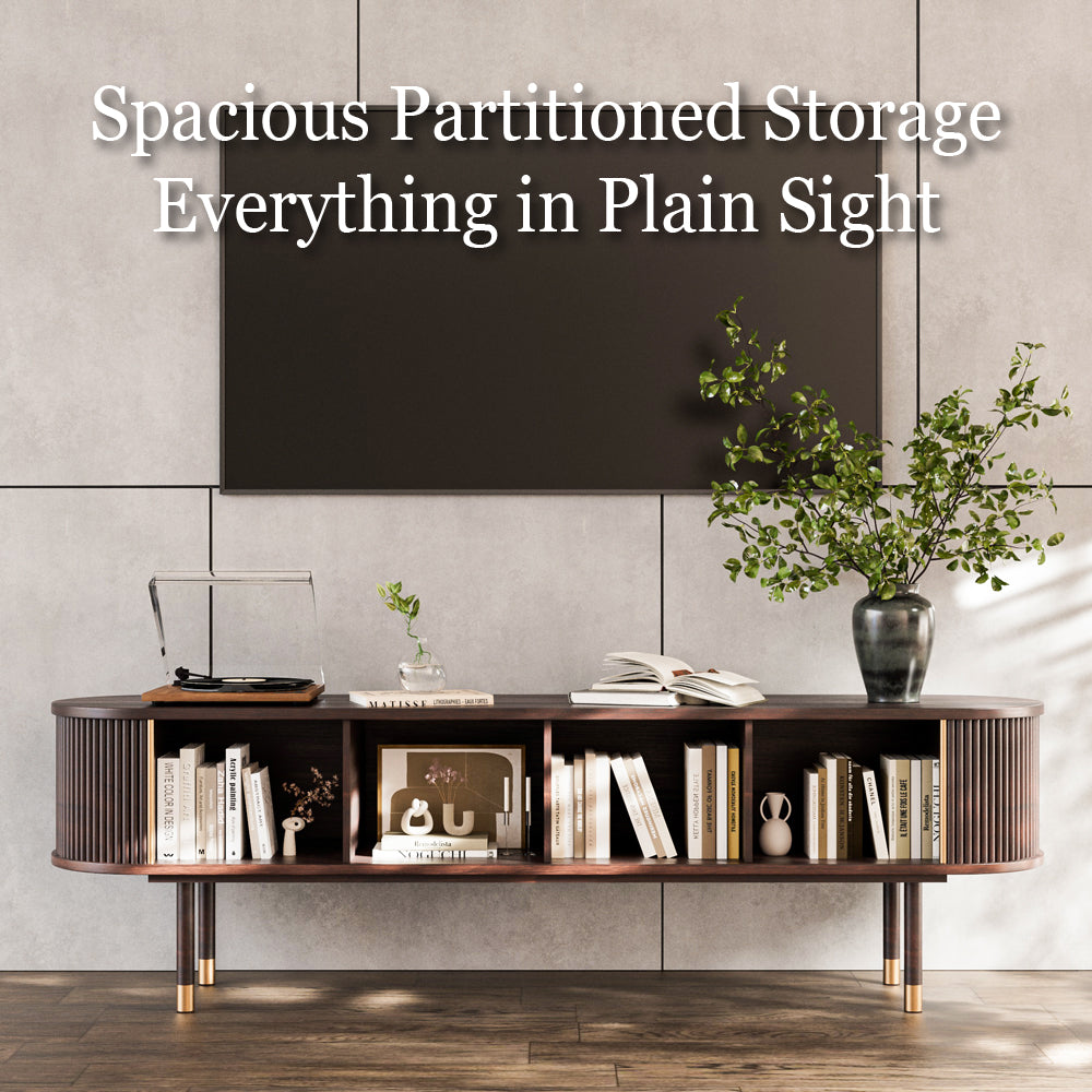 70.8" Modern Solid Wood TV Stand with Fluted Doors Minimalist Media Console with Rounded Corners & Gold Accents