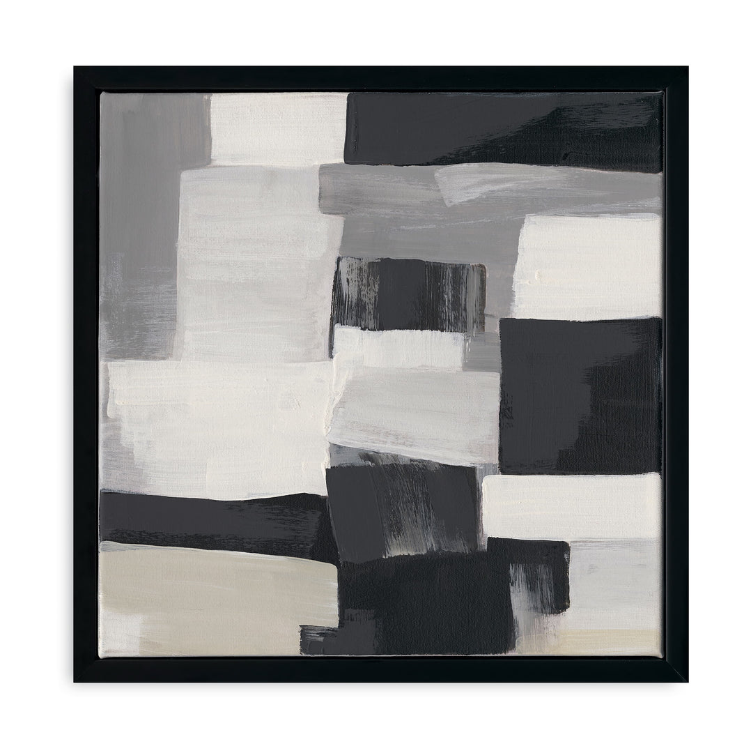 Original handmade abstract painting in black, white, grey, and beige tones, minimalist geometry adding serene artistry to any space.