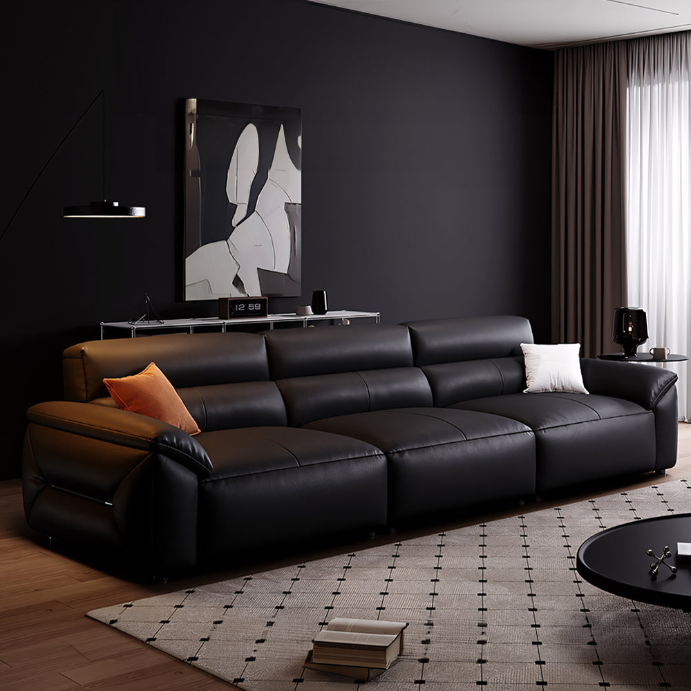 Modern Black Leather Sofa Oversized Low-Profile Design with Wide Armrests
