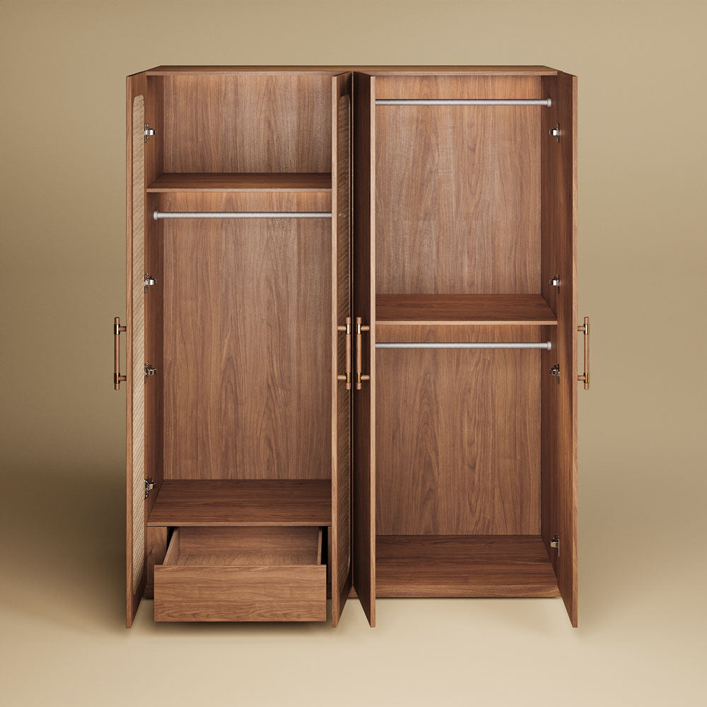 Walnut Rattan Four-Door Wardrobe Modern Natural Fusion Design
