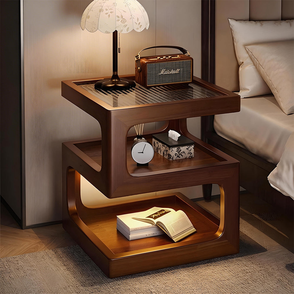 Modern Solid Wood Bedside Table with Fluted Glass Top Multi Layer Storage Nightstand