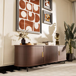 Load image into Gallery viewer, 70.2&#39;&#39; Walnut Curved TV Stand Vertical Textured Design with Metal Handles
