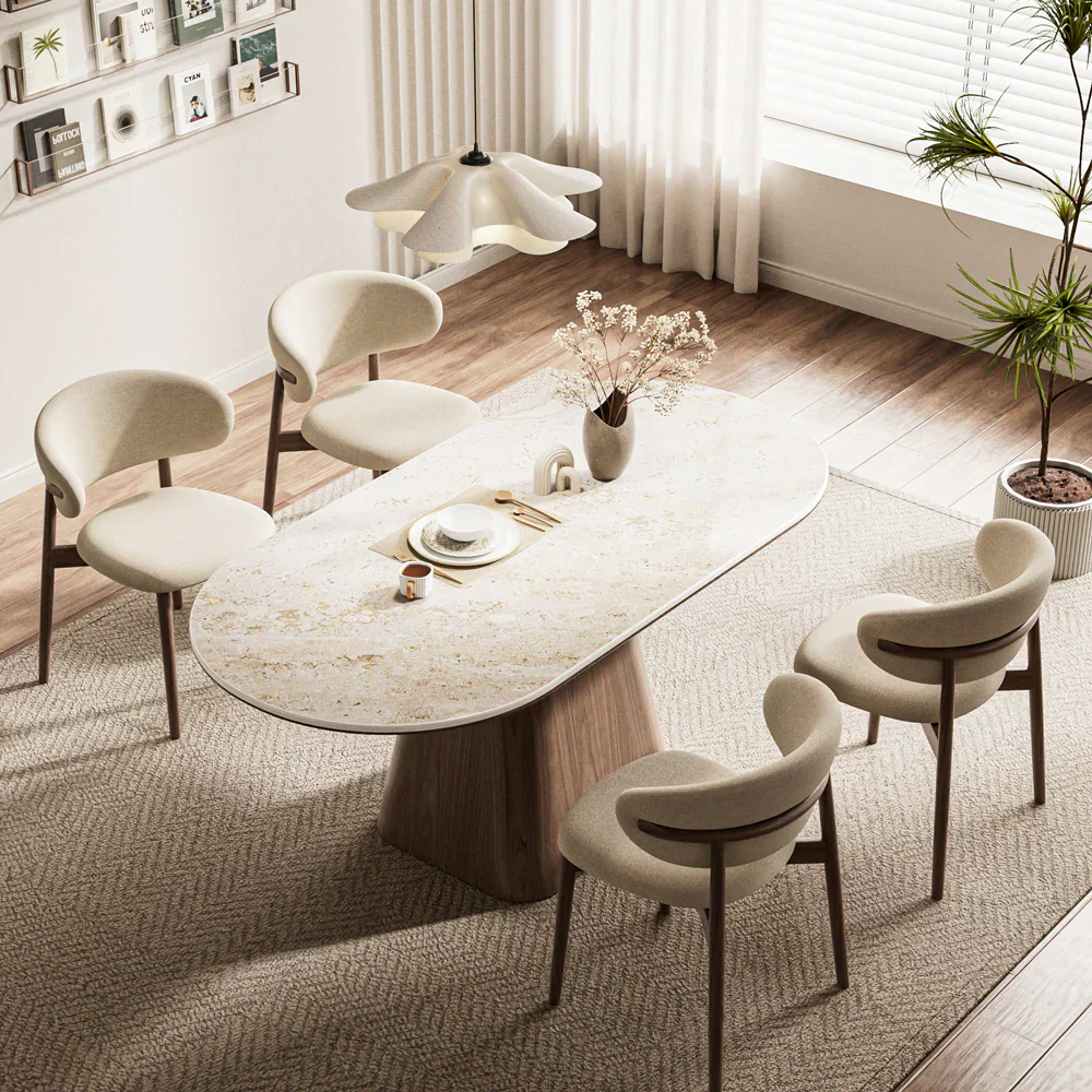 Walnut & Sintered-Stone Dining Set Oval Table + Matching Sideboard Cabinet