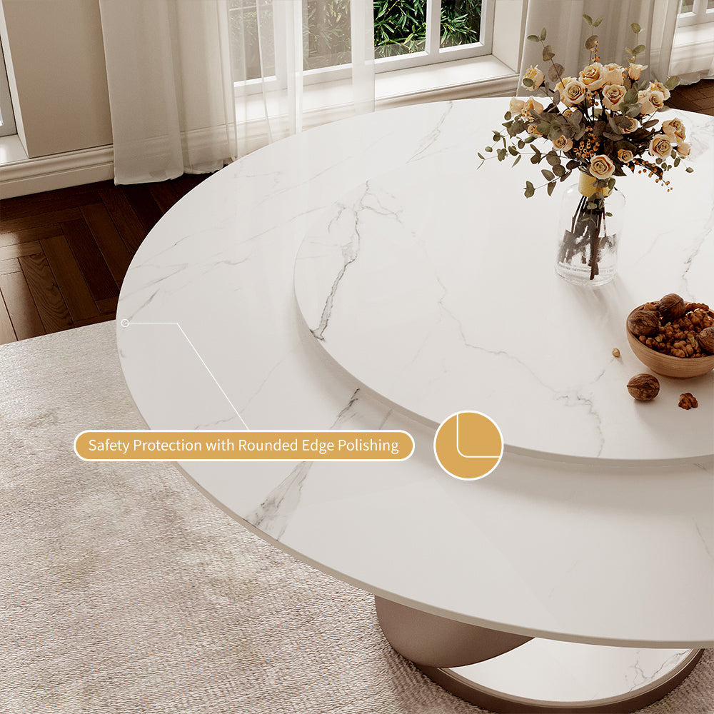 Round Dining Table Lazy Susan Marble Effect Gold X Metal Base Perfect for 4-6 People