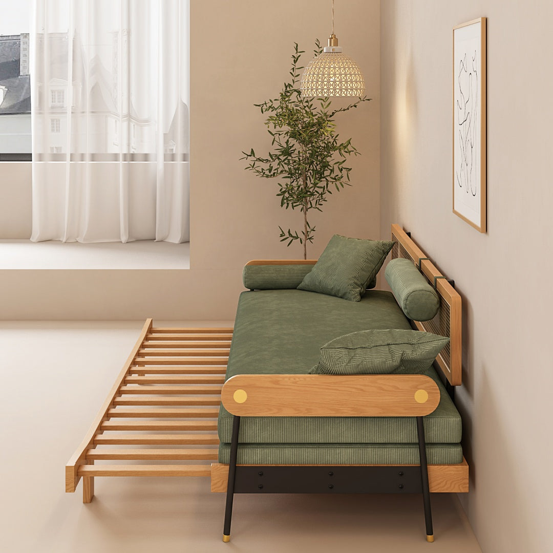 Modern Minimalist Daybed with Wood Frame and Soft Green Upholstery