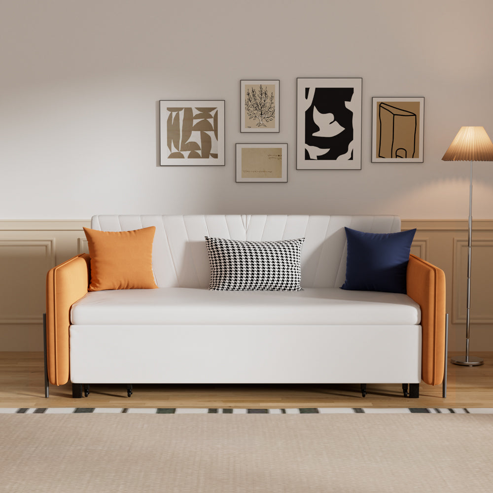 Contemporary sleeper sofa in seating mode with plush cushions and minimalist silhouette