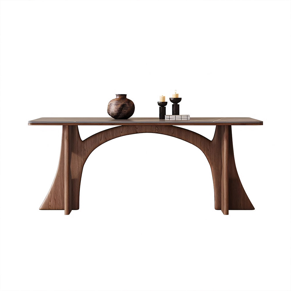 Dining Table Stone-Look Ceramic Top Solid Wood Base Modern Minimalist Design