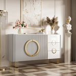 Load image into Gallery viewer, Walnut S-Base Marble-Effect Round Dining Table + White &amp; Gold Circular-Accent Buffet Cabinet Set
