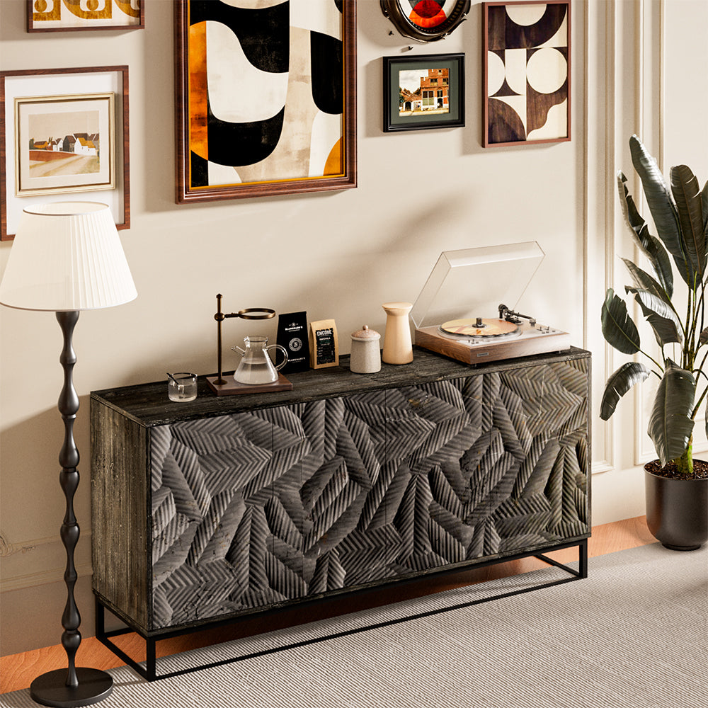 62.4''Vintage Carved Sideboard Mid Century Storage Cabinet Geometric Texture Bold Relief Artistic Statement