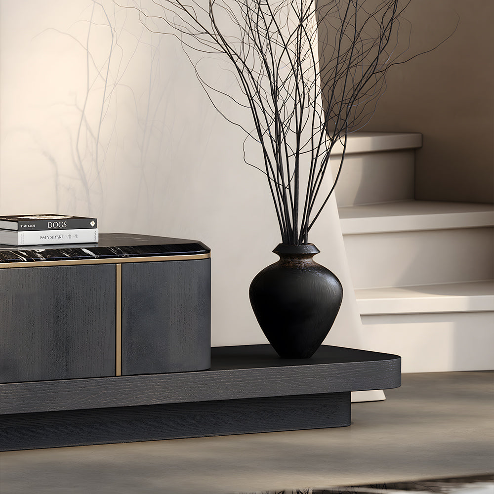 Modern Extendable TV Stand with Marble Top and Black Wood Finish