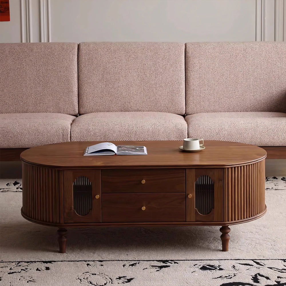 46.8'' Oval Coffee Table Modern Walnut Design Storage Drawers Cabinets Perfect for Living Rooms