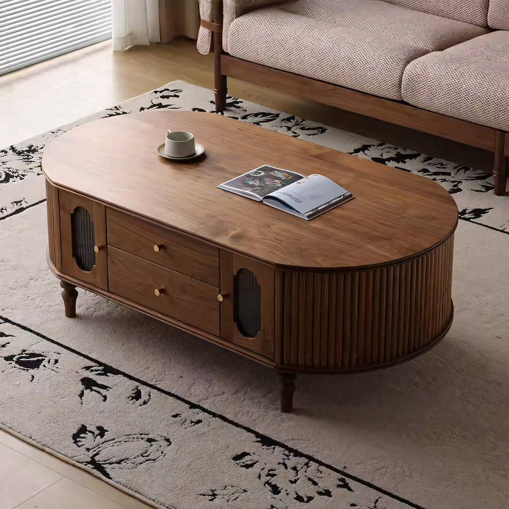46.8'' Oval Coffee Table Modern Walnut Design Storage Drawers Cabinets Perfect for Living Rooms