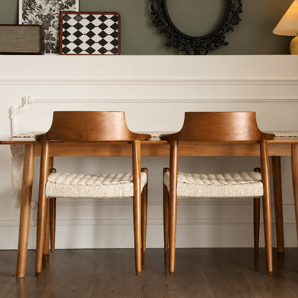 Modern Solid Wood Dining Chair with Handwoven Paper Rope Seat and Sculptural Armrests 1 Piece