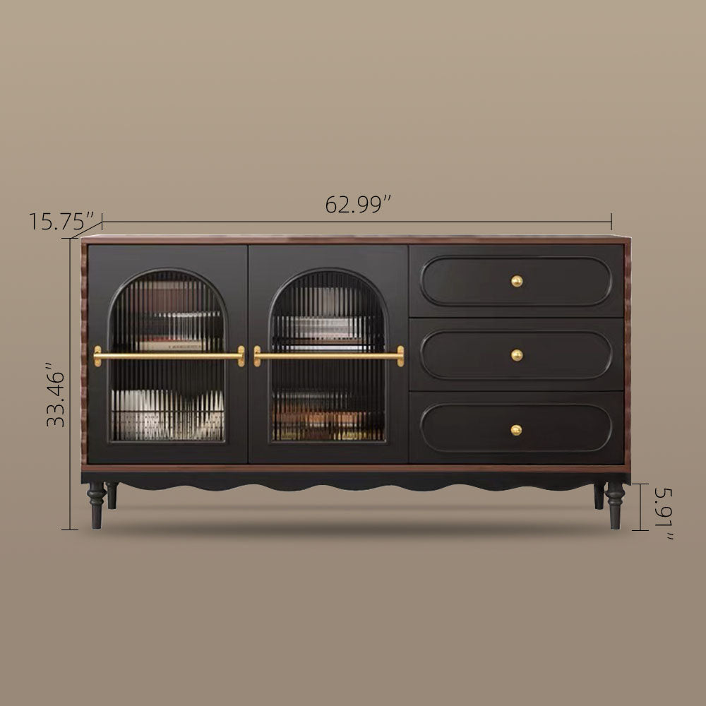 62.9" Vintage Black Sideboard with Fluted Glass Doors & Gold Accents Retro Buffet Cabinet with Drawers