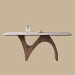 Load image into Gallery viewer, Modern Dining Table with Marble-Like Stone Top and Sculptural Wooden Base

