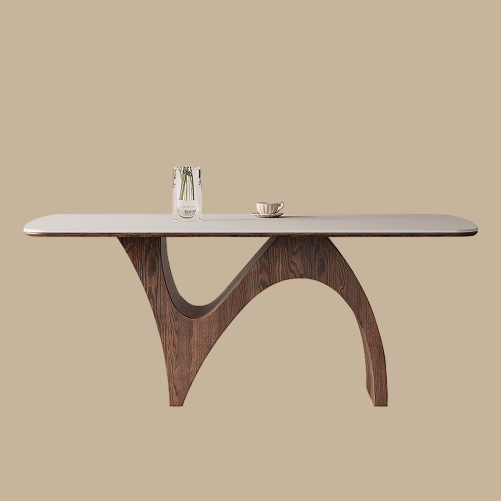 Modern Dining Table with Marble-Like Stone Top and Sculptural Wooden Base