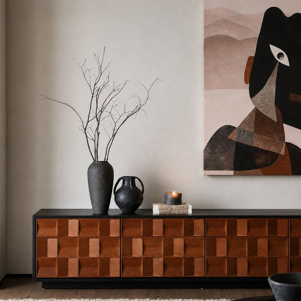 86.6'' Geometric 3D Pattern Walnut TV Stand Cabinet With Drawers