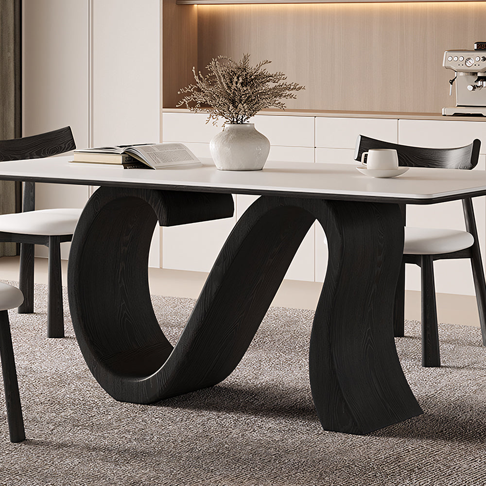 Creative S-shaped Walnut Base Round Dining Table with Marble Effect Surface