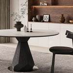 Load image into Gallery viewer, 53.1&quot; Creative Round Dining Table Black Wooden Base with Marble Effect Top
